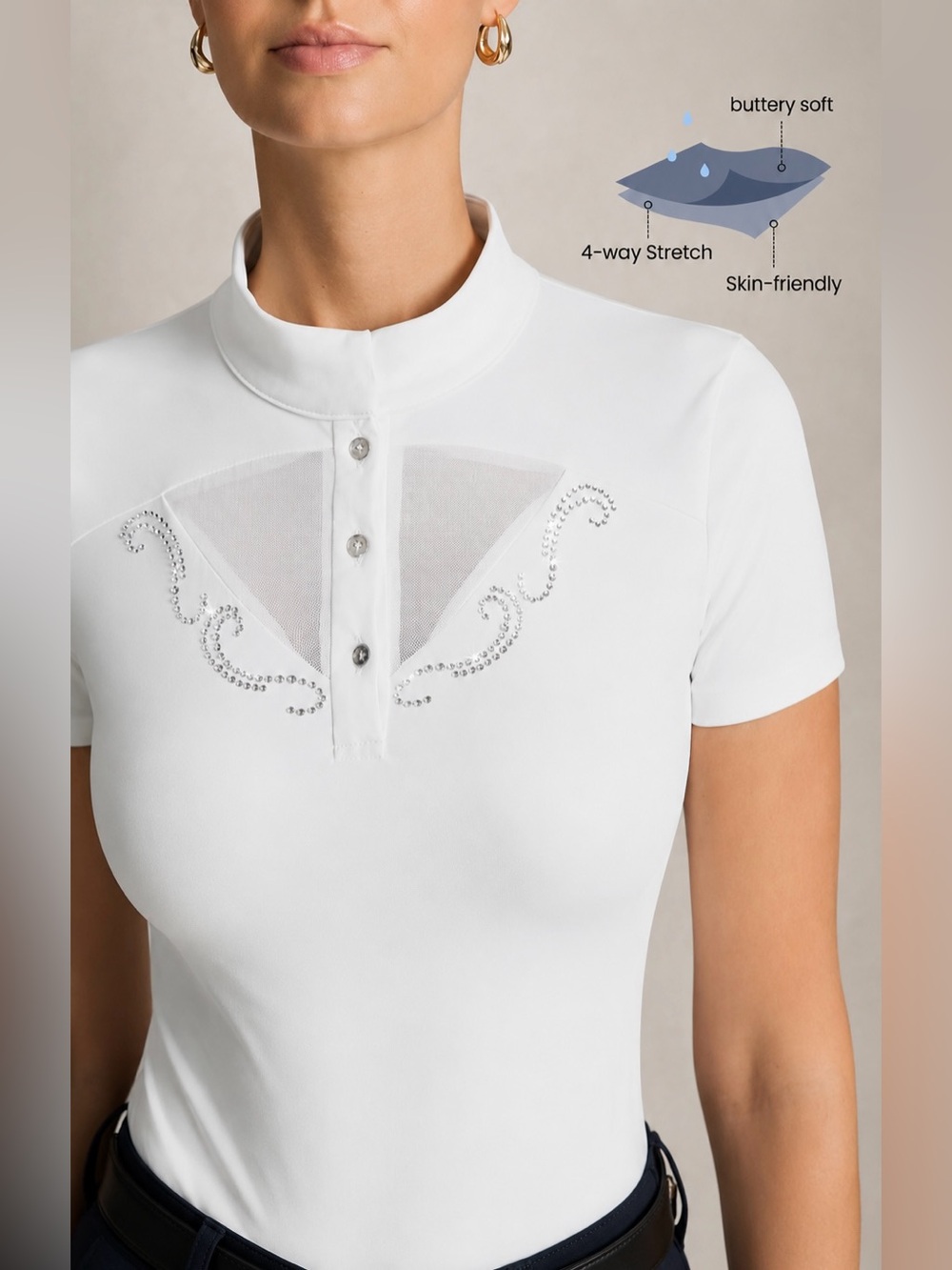 Equestrian Dressage English White Crystal Short Sleeve Summer Riding Show Shirt